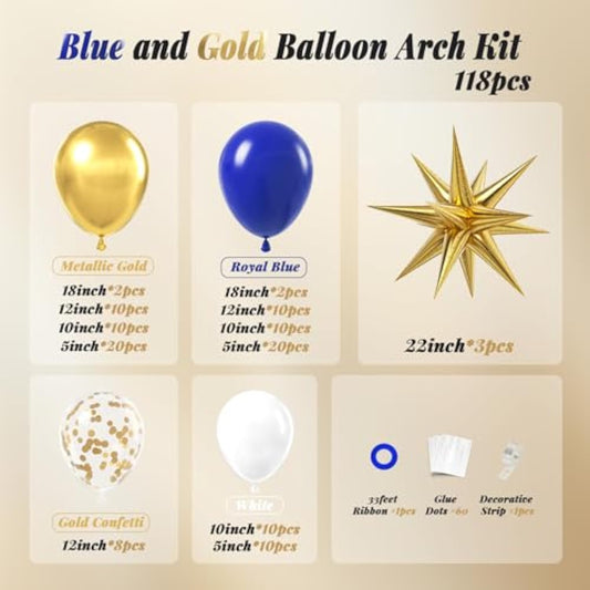 Royal Blue And Gold Balloon Garland Arch Kit, Party Decorations With White And Gold Confetti Latex Balloons For Anniversary, Wedding, New Year, Graduation, Birthday