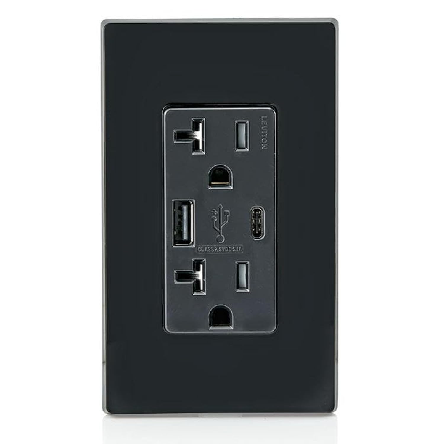Leviton Type A & Type-C USB In-Wall Charger with 20A Tamper-Resistant Outlet, USB Charger for Smartphones and Tablets. Not for Laptops, T5833-E, Black