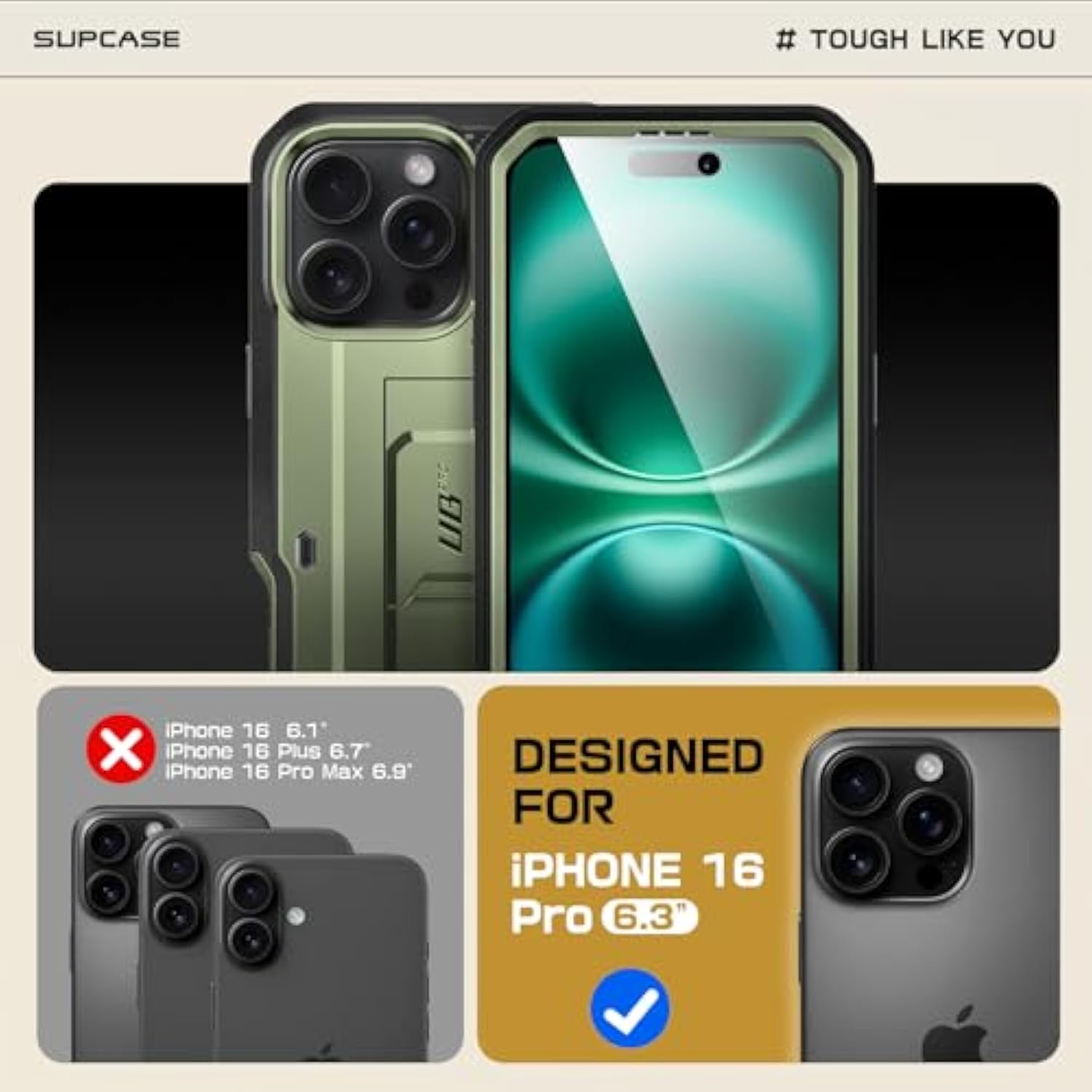 SUPCASE Unicorn Beetle Pro Case with Screen Protector, Built-in Stand & Belt-Clip, Military-Grade Protection, Full Body Heavy Duty Phone Case for iPhone 16 Pro 6.3'' 2024, Green