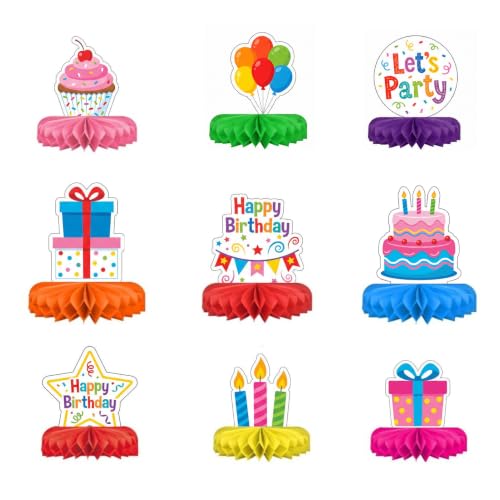 9-Piece Happy Birthday Honeycomb Decorations Set, Paper Centerpieces for Women Party Decorations, Decor Supplies with Happy Birthday Sign