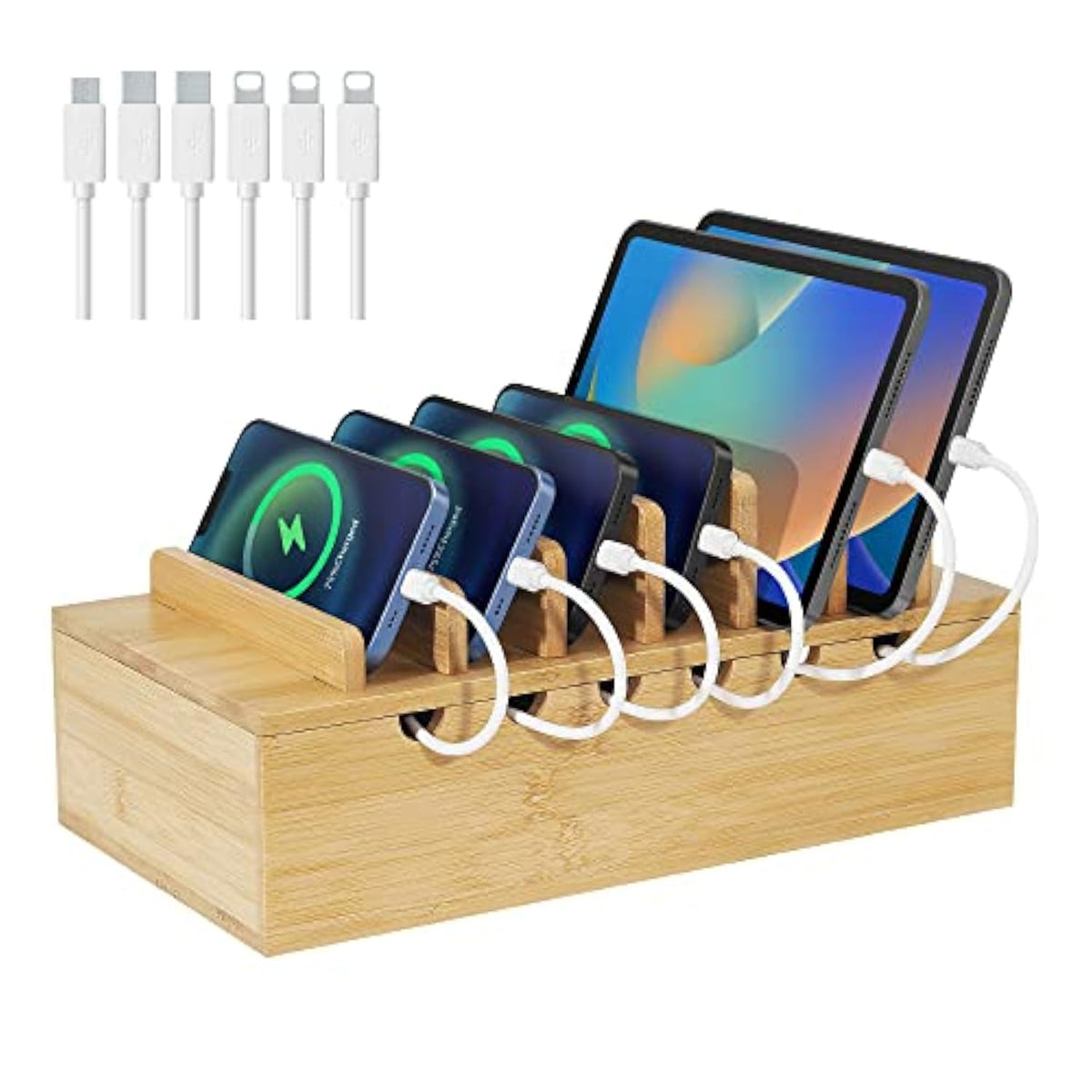 Bamboo Charging Station For Multiple Devices, Desk Docking Stations Organizer Compatible With Iphone Devices, Wood Charging Cell Phone Holder Stand (Includes 6 Cables) (No Power Supply)