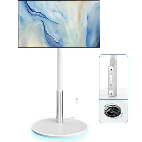 Floor Mobile TV Stand with Power Outlet, Rolling TV Cart for 27-65 Inch OLED LED Monitors, 6 Levels of Height Adjustment, Ambient Lighting on The