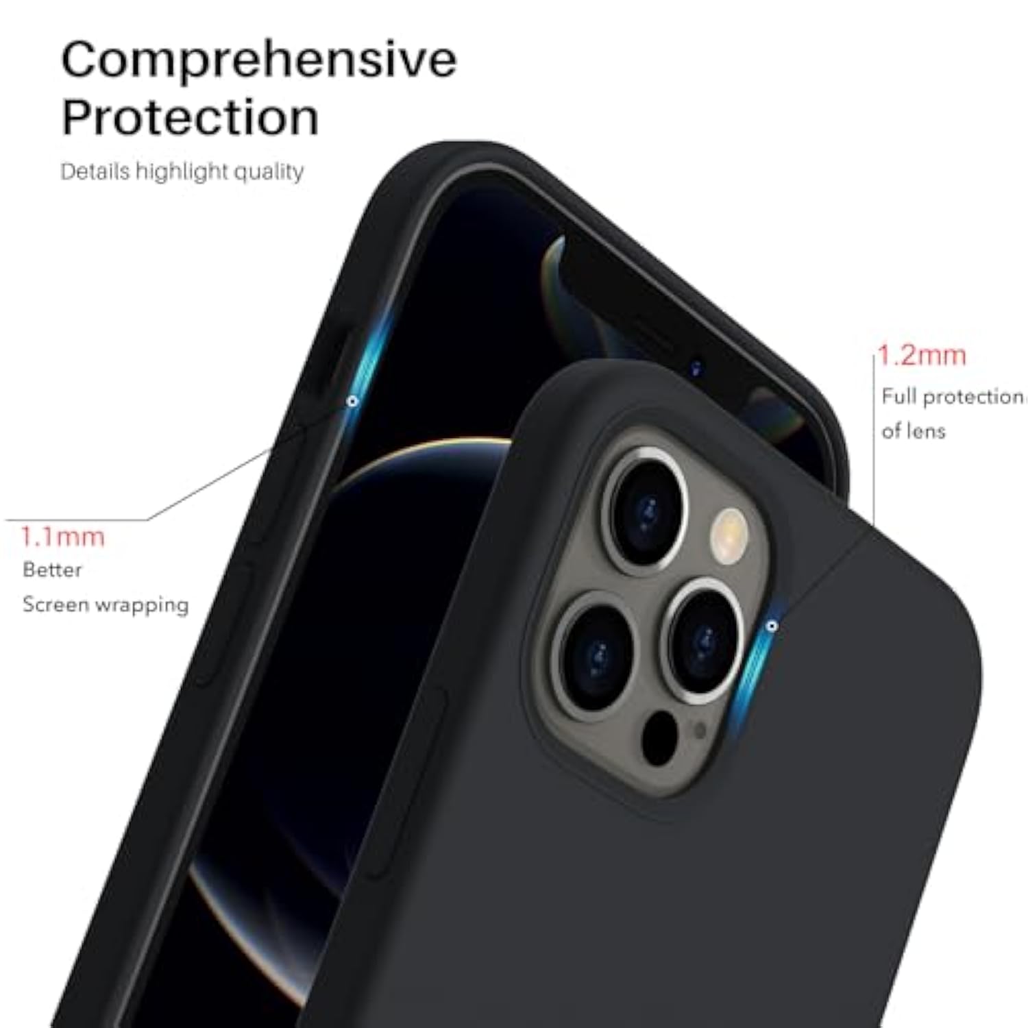 Compatible With 12 Case, Compatible With 12 Pro Case, Slim Liquid Silicone 3 Layers Full Covered Soft Gel Rubber Phone Case Cover 6.1 Inch-Black