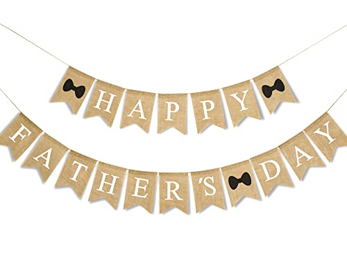 Happy Father's Day Banner Fathers Day Bow Tie Burlap Hanging Banner Garland Rustic Party Decoration for Dad Daddy Birthday Indoor Outdoor Mantel Fireplace Decor Supplies