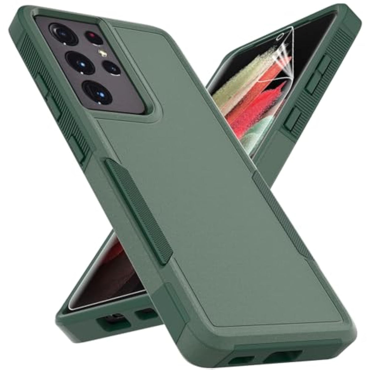 For Samsung Galaxy S21 Ultra Case: Dual Layer Protective Heavy Duty Cell Phone Cover Shockproof Rugged With Screen Protector - Military Protection Bumper Tough - Samsung Galaxy S21 Ultra, Dark Green