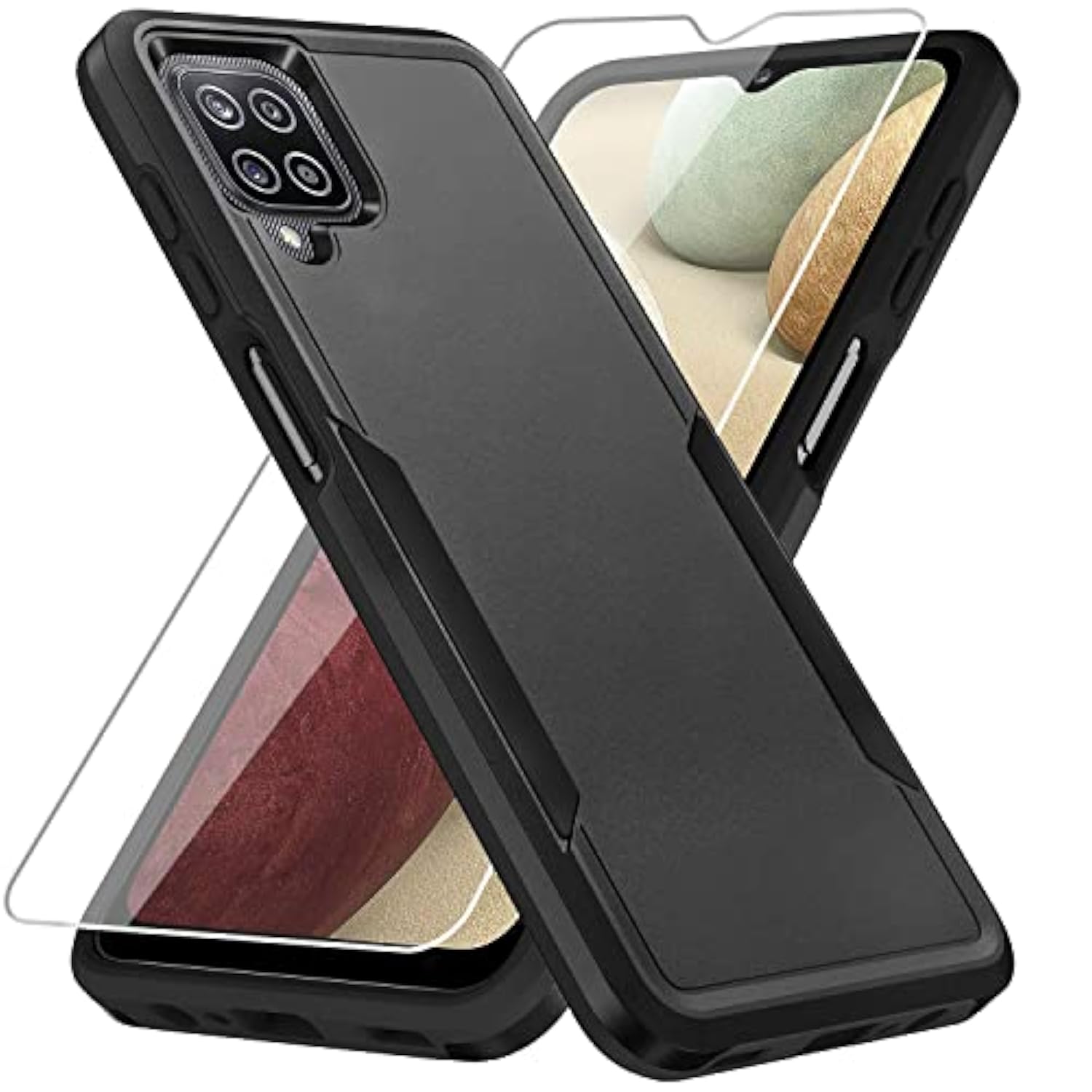For Galaxy A12 Case, With Screen Protector, Heavy-Duty Tough Rugged Slim Shockproof Protective Case For Samsung A12, Black