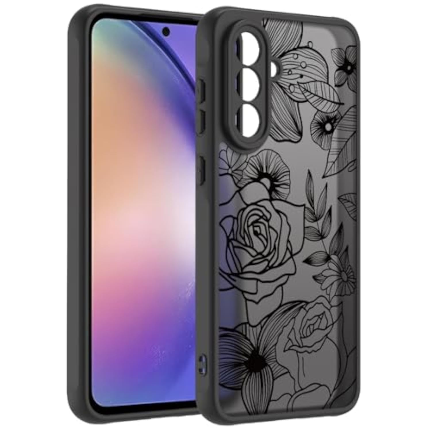 Cute Phone Case Compatible with Samsung Galaxy A36 5G, Aesthetic Black Line Art Floral Rose Pattern Print, Translucence Hard PC Heavy Duty Protection Cases Cover for Girls Women