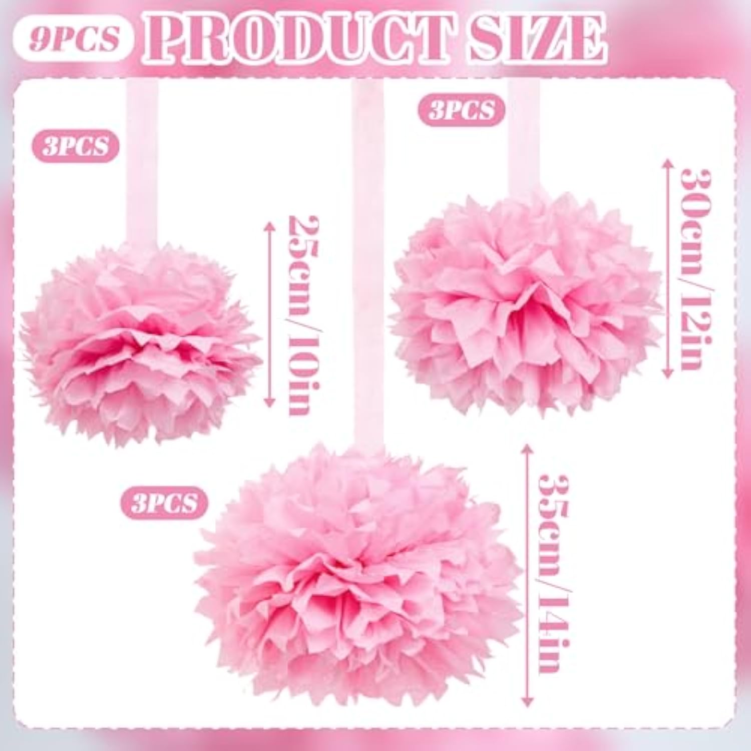 Pink Tissue Paper Pompoms Decorations 9 Pack, 10 12 14 Inch Large Hanging Paper Pompoms With Satin Ribbon For Pink Party Decor, Ceiling Arch Party Decor For Wedding Baby Shower Birthday