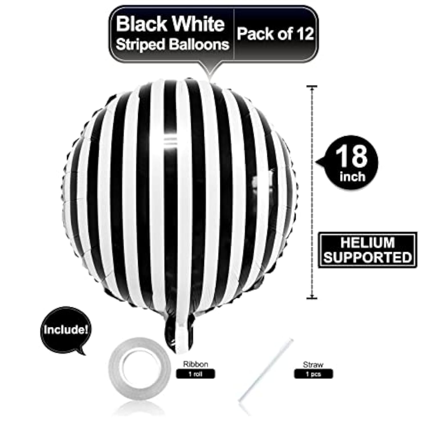 12-Pack 18" Black & White Striped Balloons  Party Decorations for Birthdays and Baby Showers