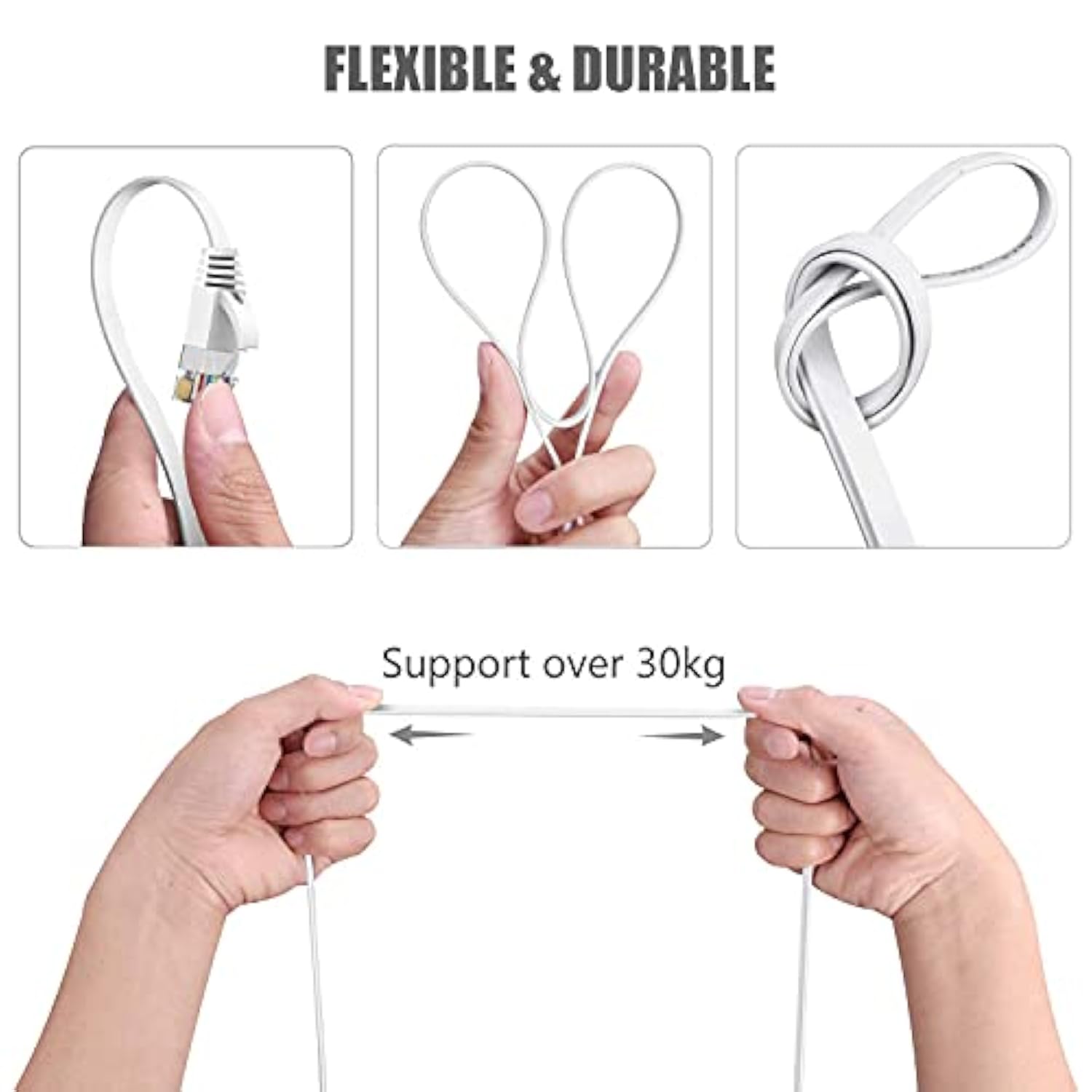 Cat6 Ethernet Cable 25 Ft 2Pack White, Cat-6 Flat Rj45 Computer Internet Lan N