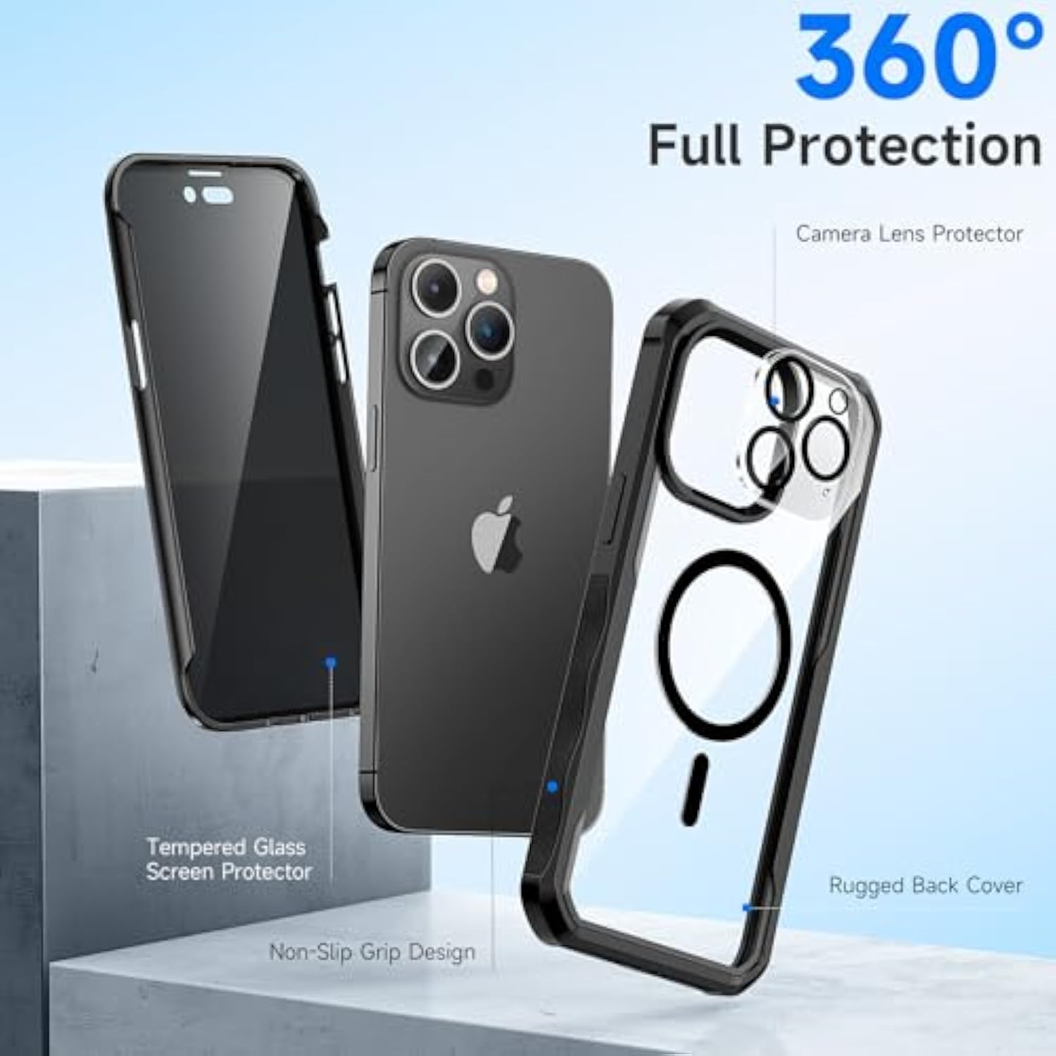 For Iphone 14 Pro Case, Full Body Bumper With Built-In 9H Tempered Glass Privacy Screen Protector And Camera Lens Protector, Compatible With Magsafe, Shockproof Phone Cover, 6.1", Black