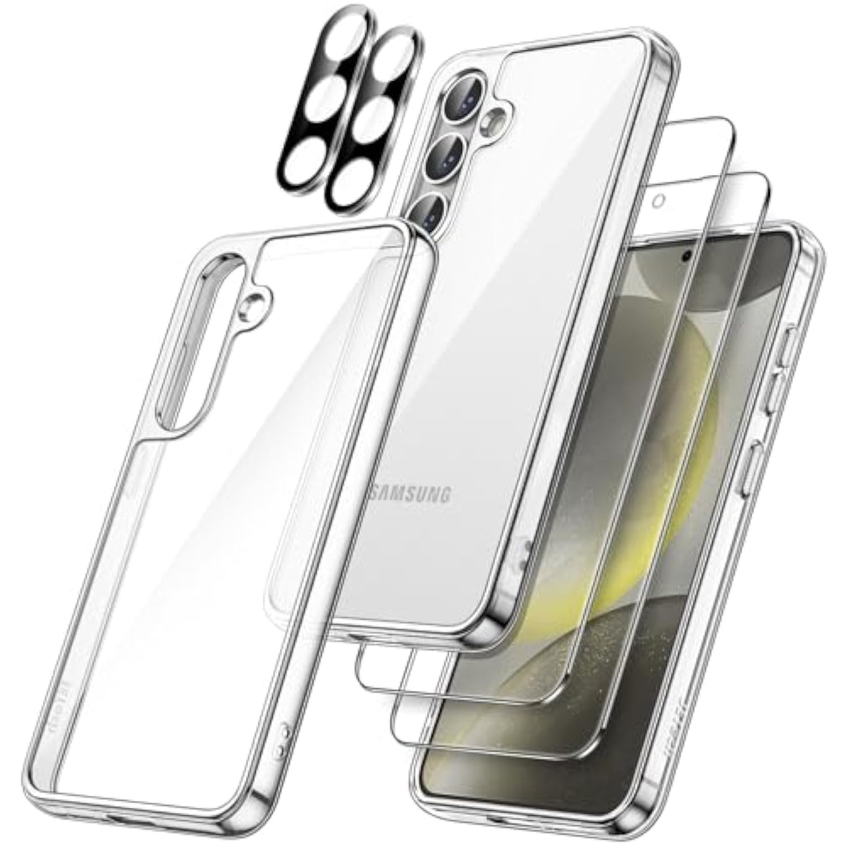 JETech 5 in 1 Case for Samsung Galaxy S24+ / S24 Plus 5G with 2-Pack Each Tempered Glass Screen Protector and Camera Lens Protector, Non-Yellowing Shockproof Bumper Phone Cover (Clear)