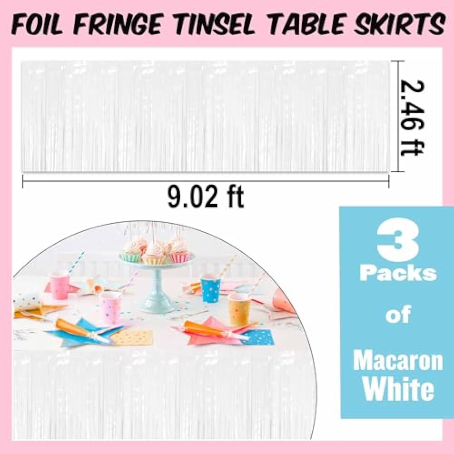 3 Pack Macaron White Foil Fringe Table Skirts Metallic Tinsel Streamers Garland Banner Backdrop For Table Decor, Parade Float, Birthday, Wedding, Halloween, Christmas Party Decorations(29X108 In)