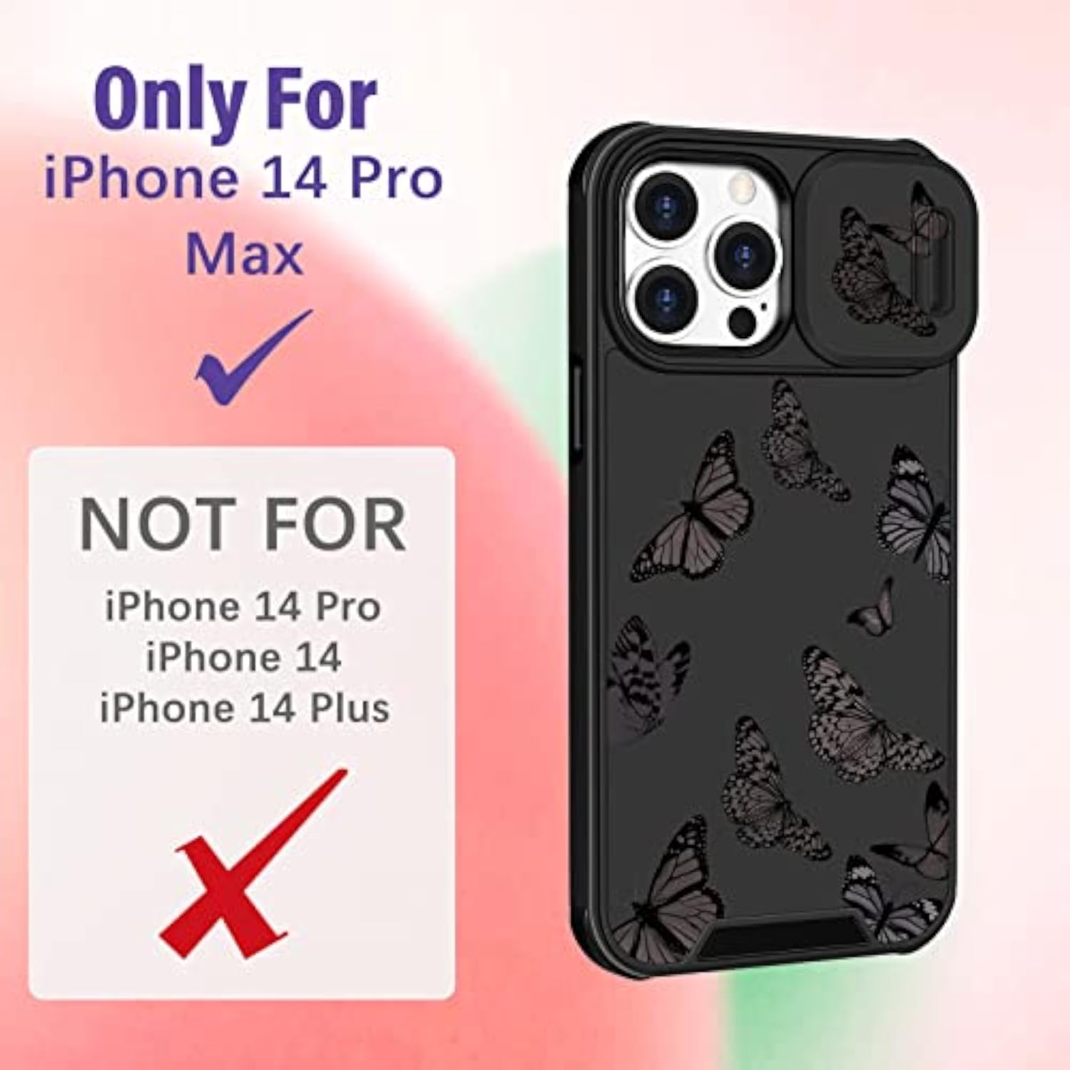 2in1 Phone Case for iPhone 14 Pro Max Women's Butterfly Design Cute Girly Aesthetic Black Butterfly Pattern with Camera Cover for Apple iPhone 14 Pro Max