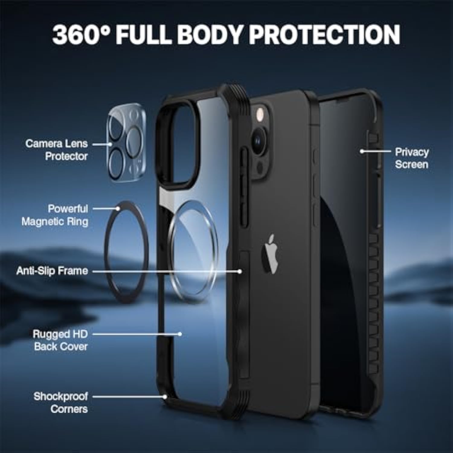 Magnetic iPhone 16 Pro Max Case with Privacy Screen, Camera Protection Black