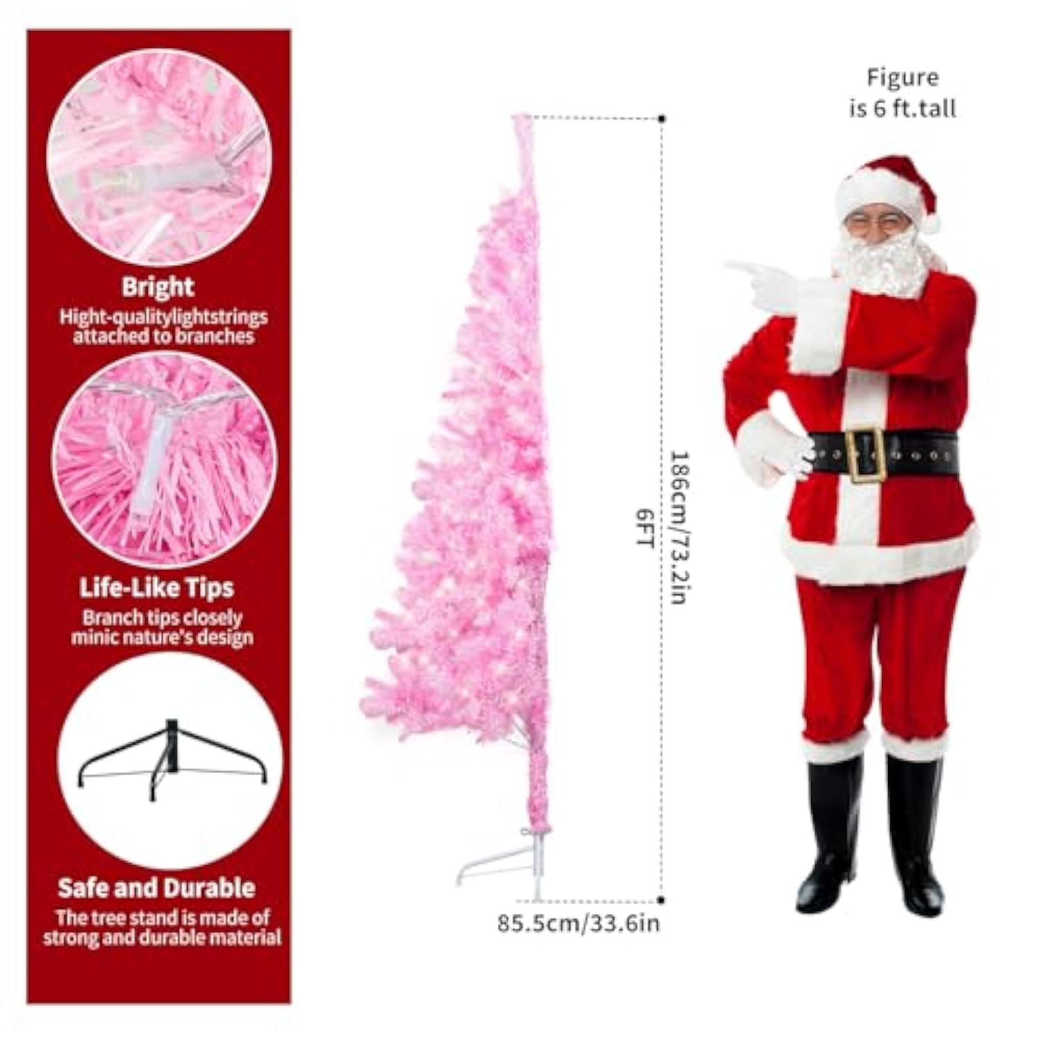 6Ft Artificial Half Christmas Tree With Lights Green Easy To Assemble,Comes With A Sturdy Metal Stand Space Saving, For Christmas Corner Decorations And Christmas Party Decorations (Pink)