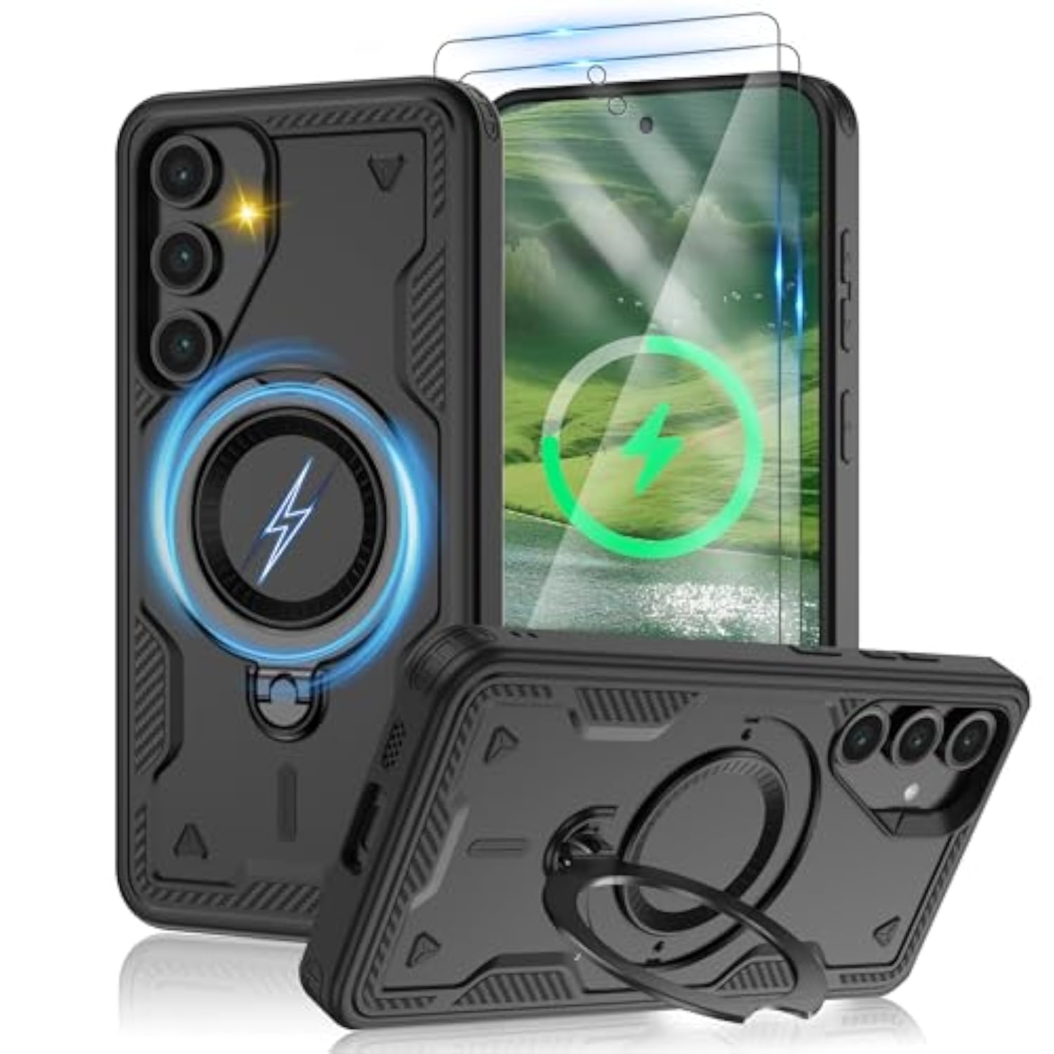 For Samsung Galaxy-S24 Fe Case With Magsafe & [Hd Screen Protector×2][Anti-Fingerprint], 360° Metal Rotated Kickstand,Military Grade Shockproof Protective For Galaxy S24 Fe Case,Black