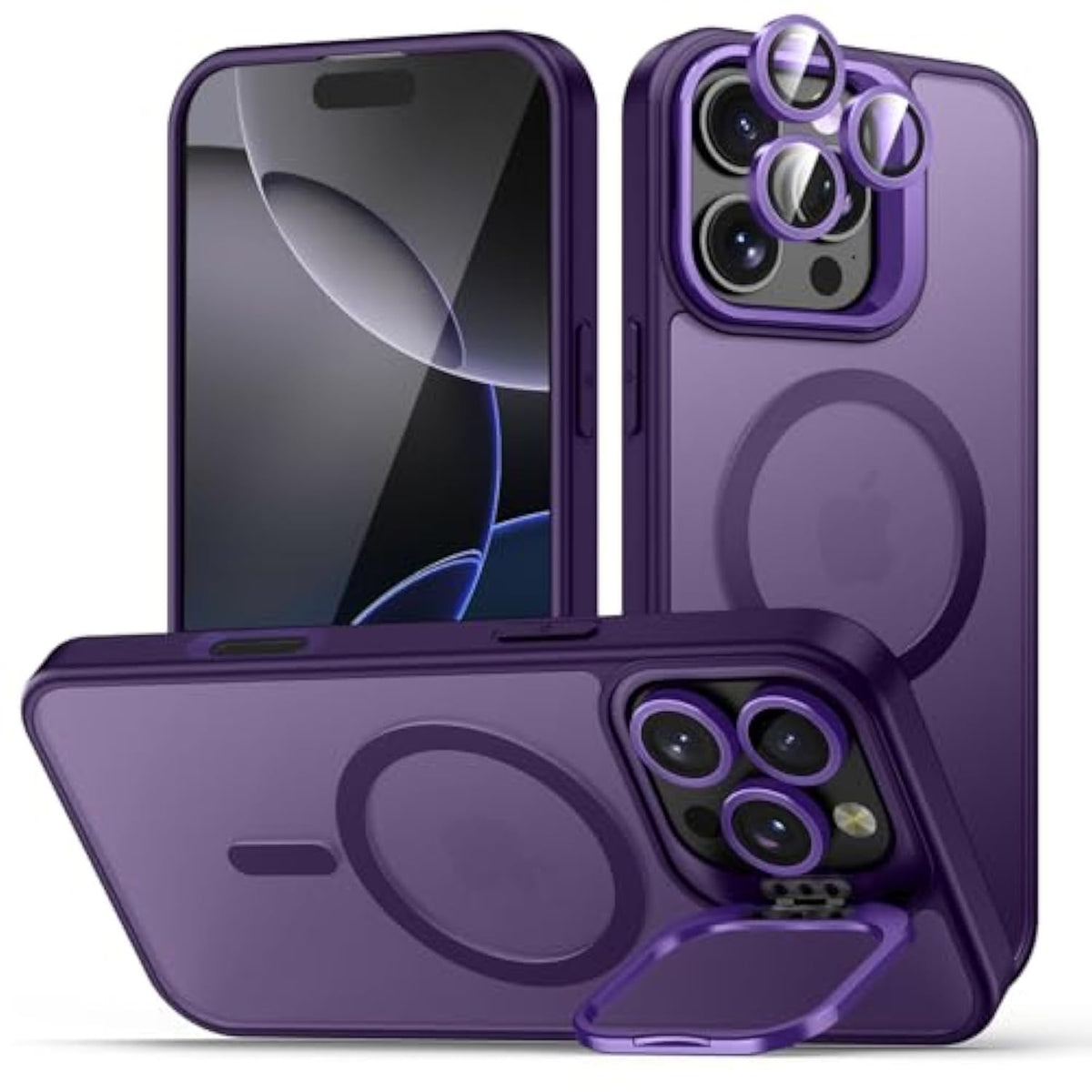 For Iphone 16 Pro Max Case, Compatible With Magsafe, Built-In Camera Ring Stand, With Individual Camera Cover, Translucent Matte Military-Grade Drop Protection Magnetic Case, Purple