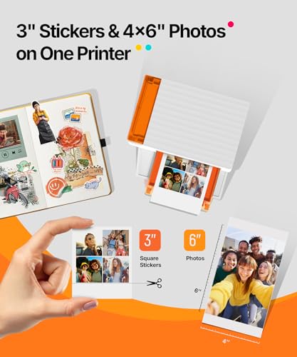 Amber M110 Bluetooth Photo Printer 80 Sheets, Portable Photo Printer For Iphone, Thermal Dye Sublimation, Picture Printer 60 Sheets 4X6 Paper & 20 Sheets 3" Square Sticker Paper & 2 Cartridges