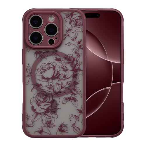 Magnetic Case for iPhone 15 Pro Max, Floral Flower Cute Aesthetic Case [Compatible with Magsafe] for Women Girls Rose Pattern Slim TPU Bumper