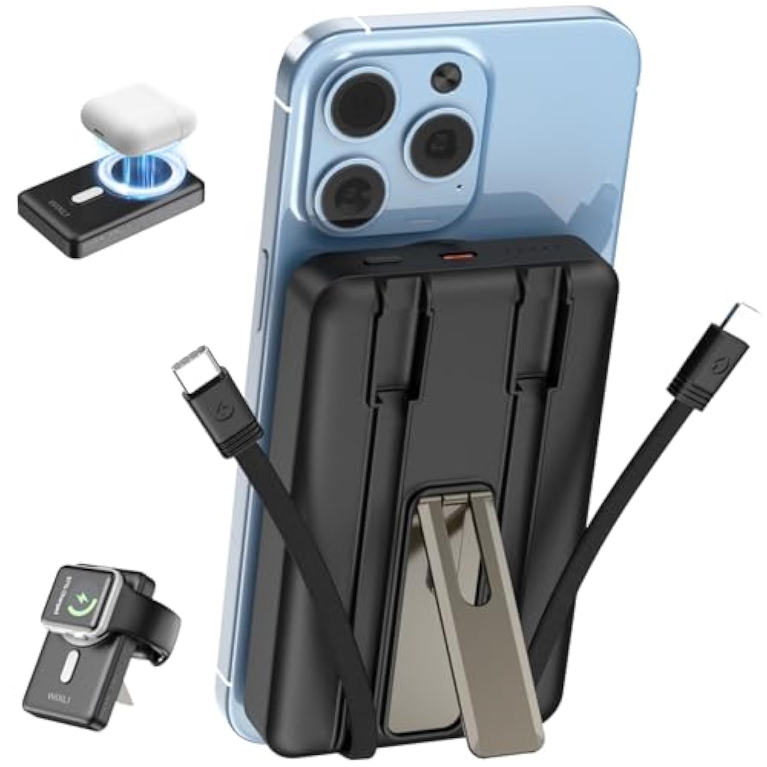 Wireless Portable Charger, 3-In-1 Magnetic Power Bank 10000Mah With Usb-C/Ios Cable And Stand, 22.5W Fast Charging Battery Pack, Compatible With Iphone 16/15/14/13/12/Pro/Mini/Pro Max