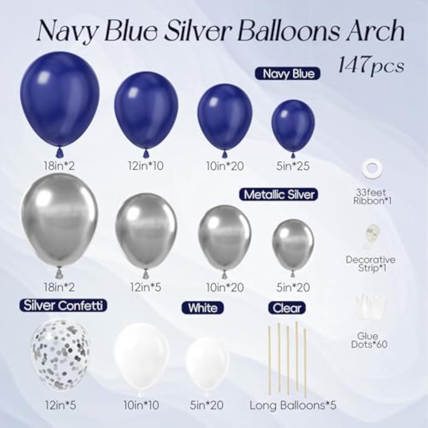 147Pcs Navy Blue And Silver Balloon Garland Arch Kit, 18 12 10 5 Inch Royal Blue Metallic Silver White Balloons For Birthday Baby Shower Bachelorette Wedding Graduation Party Decorations