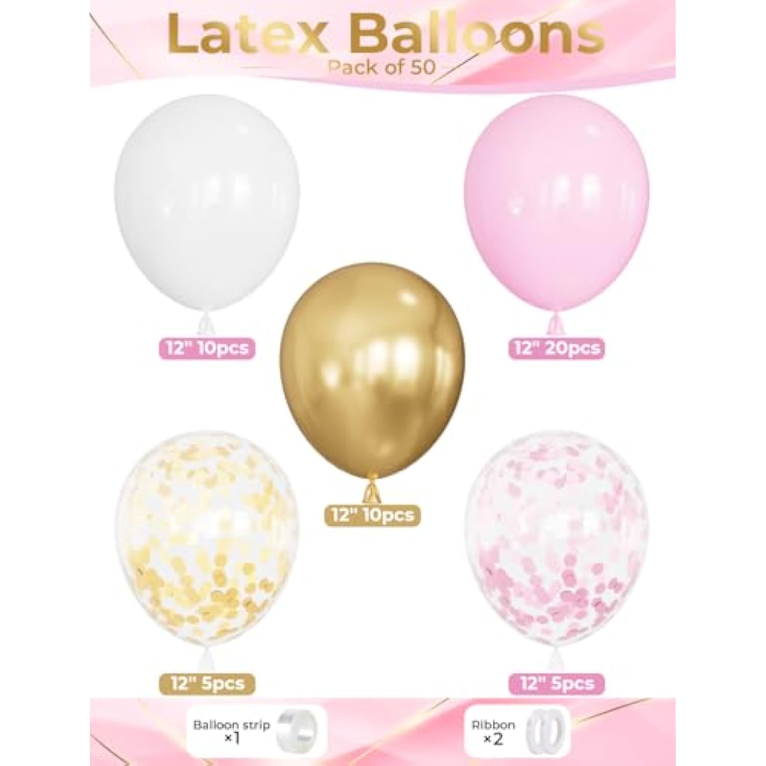Pink And Gold Balloons Set - 12 Inch Light Pink White Balloons Shiny Metallic Gold Balloon Glitter Confetti Latex Balloon For Girl Women Princess Baby Shower Birthday Wedding Party Decorations