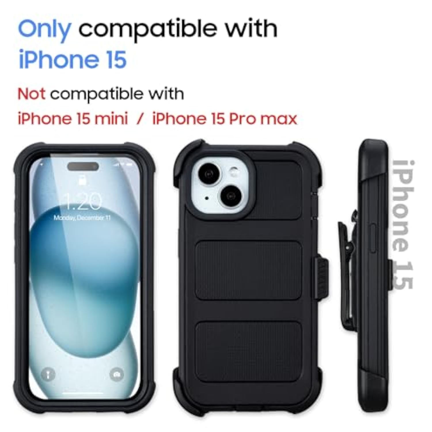 Compatible With Defender Iphone 15 Case With Clip,Holster With Kickstand,For Heavy Duty Iphone 15 Phone Case Rugged 2 Layers Of Sturdy,Anti-Drop For Phone Case Iphone 15 Case Protective(Black)
