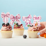 32Pcs Pink Bow Cupcake Toppers Girls Pink Bow Cupcake Picks Cake Decorations For Baby Shower Wedding Birthday Party Supplies