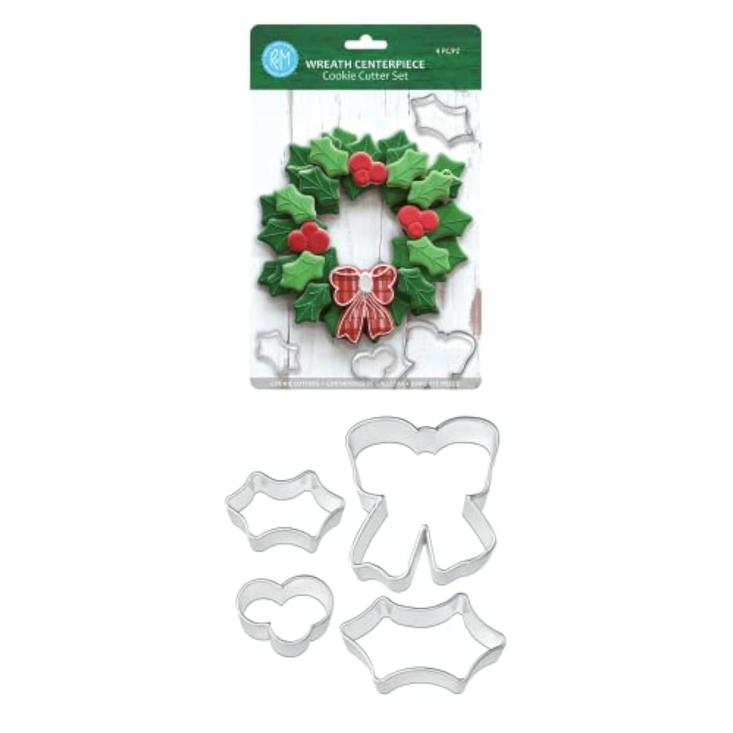 International 2030 Christmas Holiday Wreath Centerpiece Cookie Cutters, Holly Leaves, Berries, Holiday Bow, 4-Piece Set