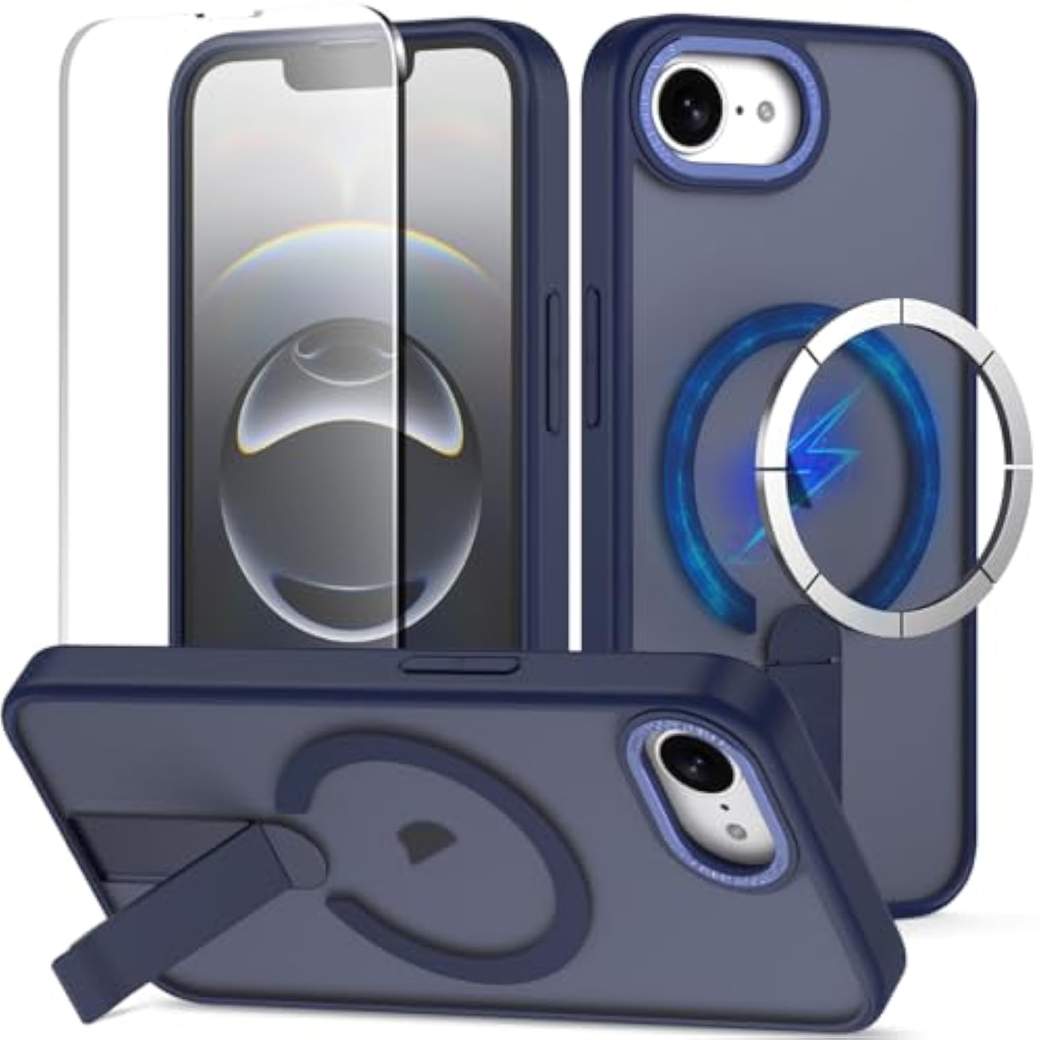 Magnetic For Iphone 16E Case With Screen Protector,[Compatible With Magsafe],[Skin Feeling],Slim Adjustable Kickstand Phone Case For Iphone 16E 6.1 Inches 2025,Dark Blue