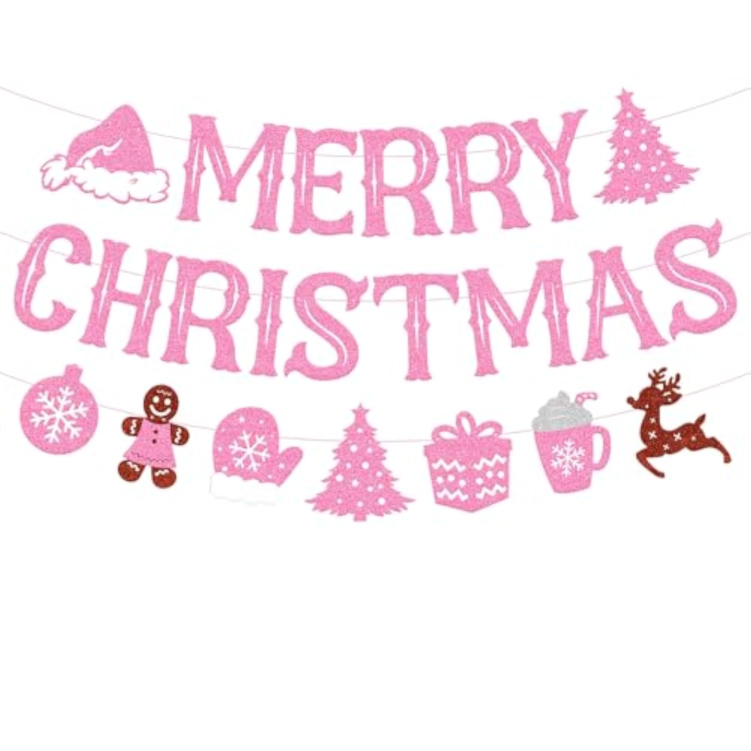 Merry Christmas Banner Glitter Pink Christmas Party Garland Merry Christmas Gingerbread Snowflake Santa Claus Hot Chocolate Winter Holiday Theme Xmas Pink Party Supplies Glitter Decoration