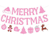 Merry Christmas Banner Glitter Pink Christmas Party Garland Merry Christmas Gingerbread Snowflake Santa Claus Hot Chocolate Winter Holiday Theme Xmas Pink Party Supplies Glitter Decoration
