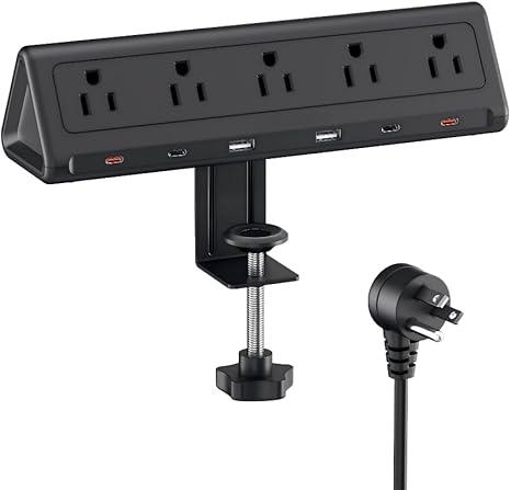 Desk Clamp Power Strip 5 Outlets 6 USB Ports PD40W USB C Fast Charging 6.5FT Extension Cord Black