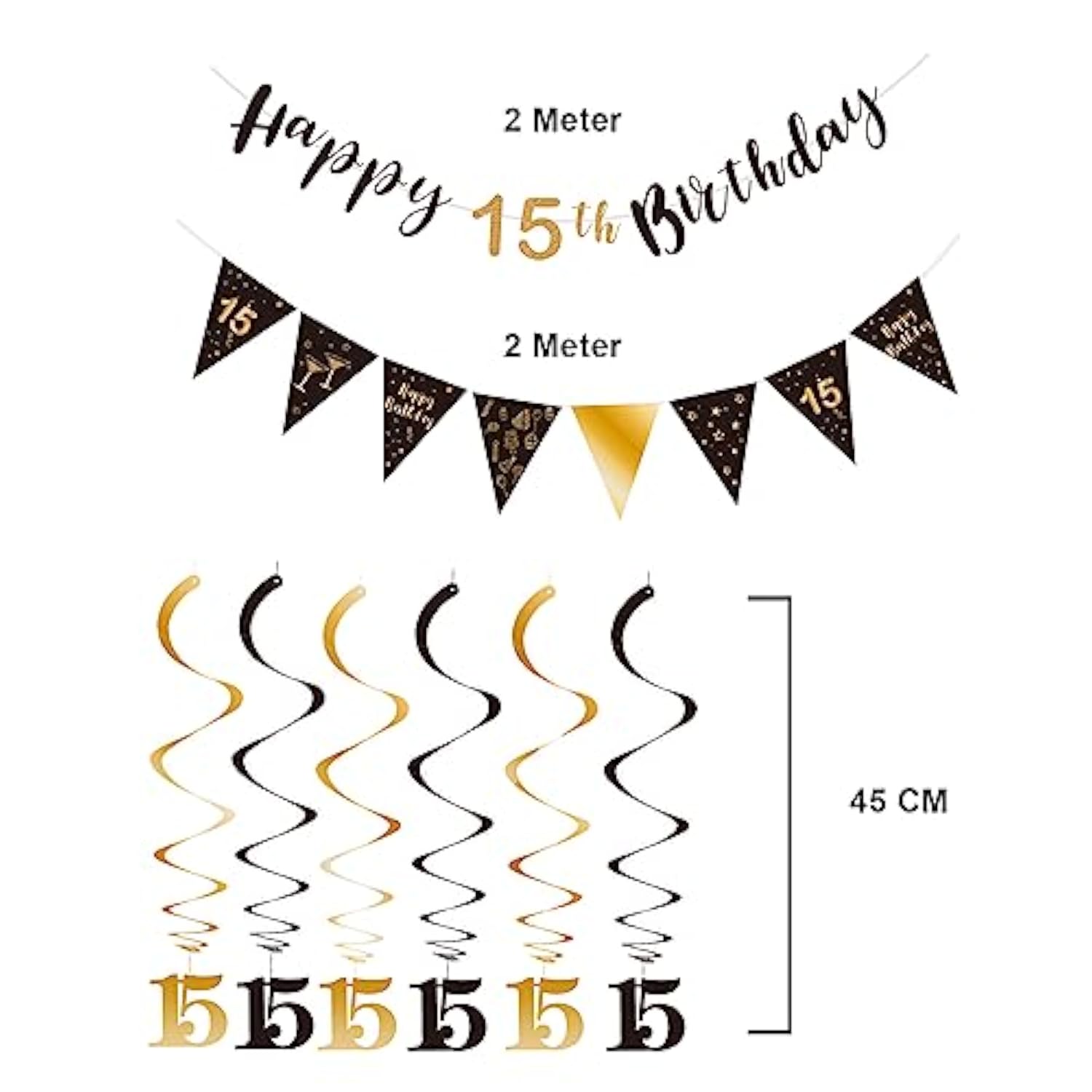 15Th Birthday Decoration Kit For Boys Girls, Happy 15Th Birthday Banner Bunting Swirls Streamers, Triangle Flag Banner For Birthday Party Decorations Supplies Black And Gold 15Th