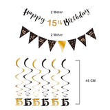 15Th Birthday Decoration Kit For Boys Girls, Happy 15Th Birthday Banner Bunting Swirls Streamers, Triangle Flag Banner For Birthday Party Decorations Supplies Black And Gold 15Th
