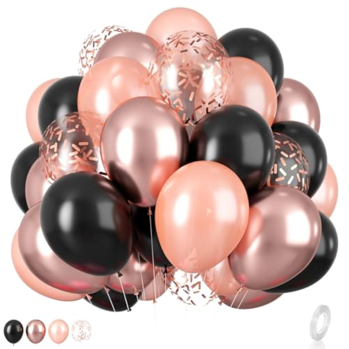 Rose Gold And Black Balloons Set, 12 Inch Metallic Rose Gold Balloons Pearl Rose Gold Confetti Balloons Black Latex Balloons Party Balloons For Birthday Baby Shower Wedding Party Decorations