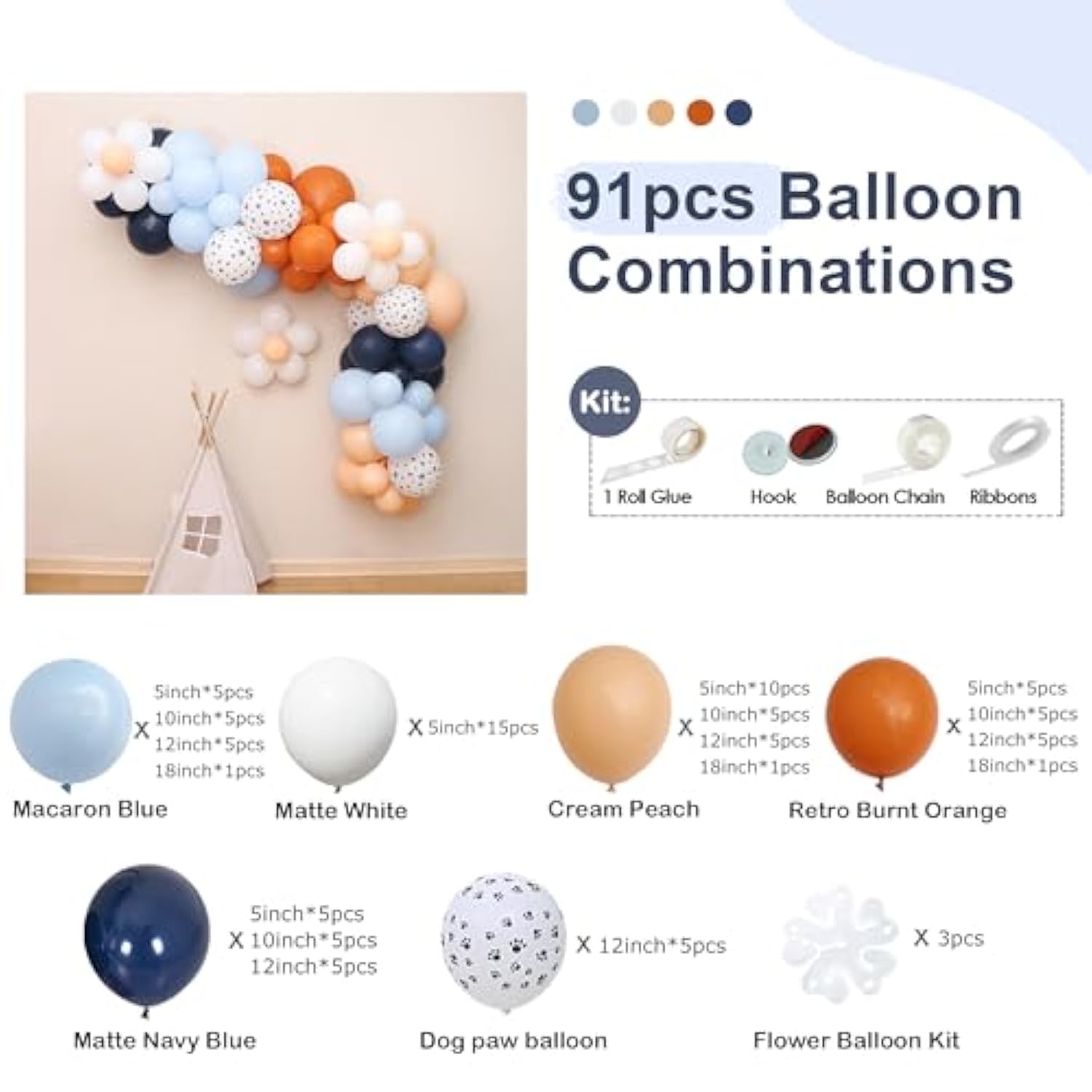 Balloons Garland,91Pcs Dog Paw Print Daisy Flower Cream Peach Matte Navy Blue Retro Burnt Orange Latex Balloons For Birthday Enagment Garden Pet Birthday Wedding Christmas Day Decorations
