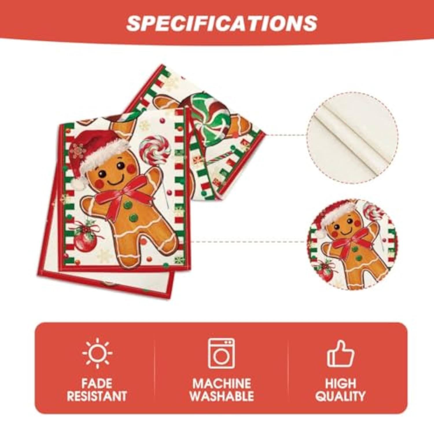 Gingerbread Candy Cane Christmas Table Runner, Seasonal Winter Kitchen Dining Table Decoration For Home Party Decor 13X72 Inch
