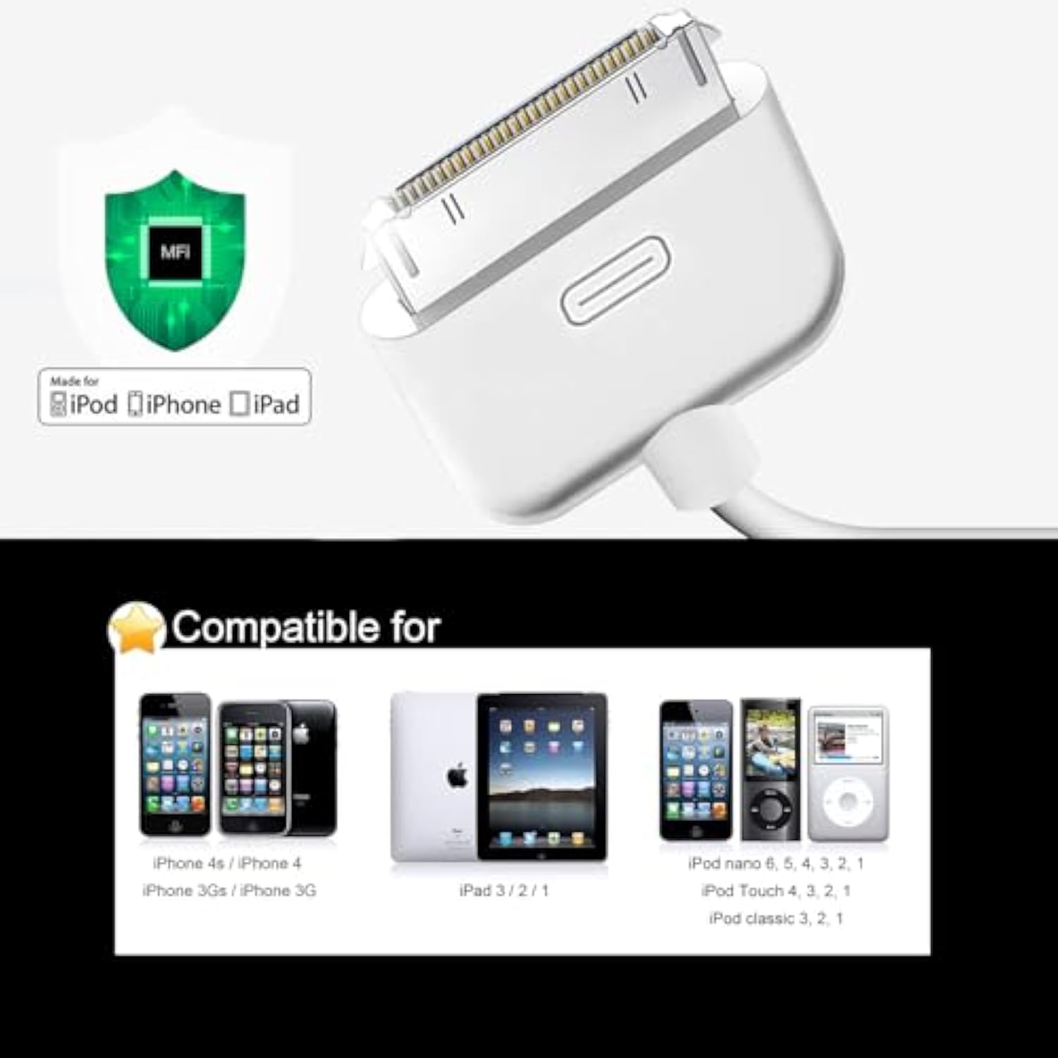 30 Pin To Usb Charging Cable (3 Pack 3.3 Ft) Fast Charge & Sync Charging Cable Cord Compatible For Old Apple Iphone 4S / 4, 3G / 3Gs, Ipad 1/2/3, Old Ipod Touch, Ipod Nano