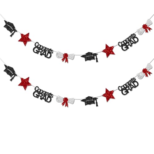 Black and Red Congrats Grad Banner Graduation Decorations Class of 2026 Glitter Star Grad Cap Certificate Bunting Garland for Graduation Party Supplies