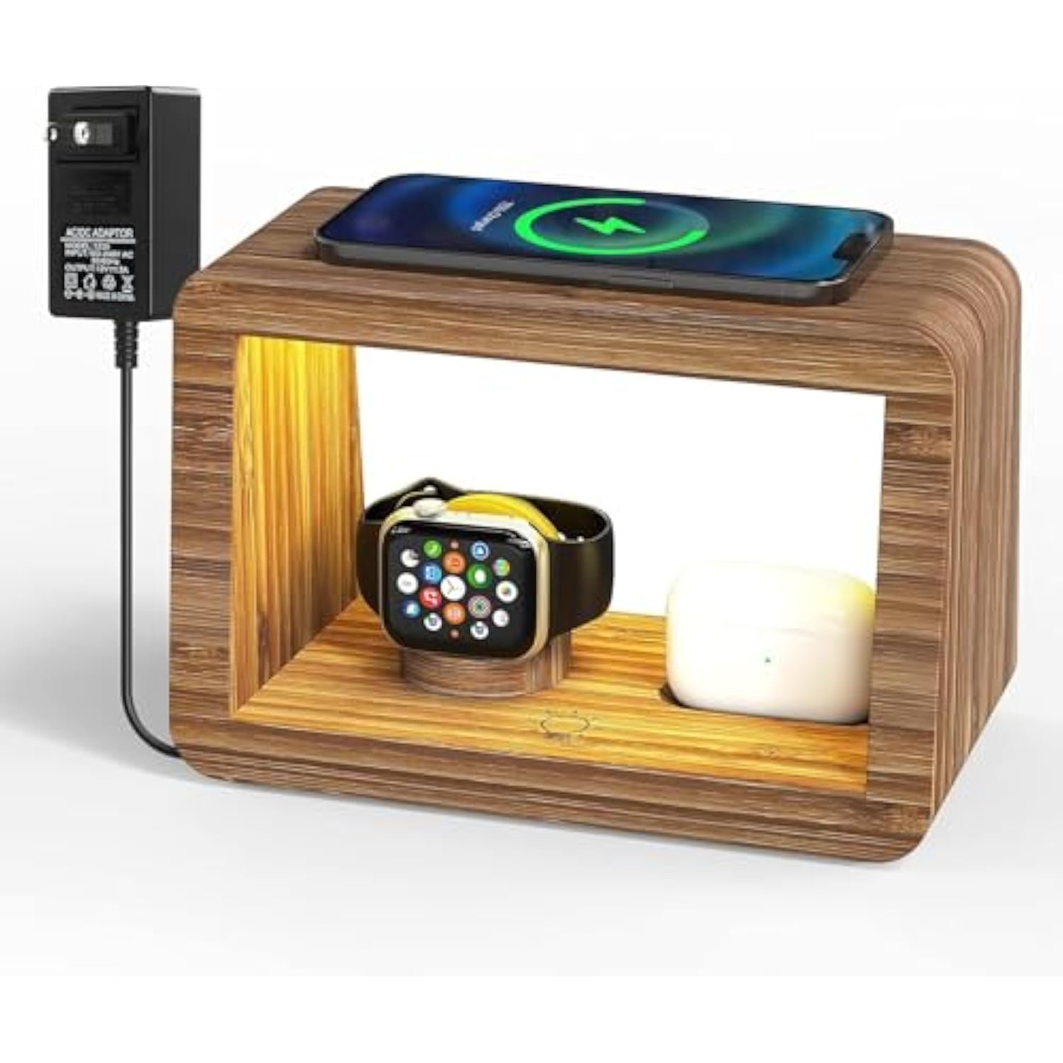 Bamboo Charging Station For Multiple Devices, 15W Fast Wireless Charger Night Light With 3 Color & 4 Adjustable Brightness, Night Stand Charger Station For Iphone/Iwatch/Airpods/Samsung With Adapter