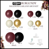 155Pcs Burgundy Balloon Garland Arch Kit With Burgundy Maroon Black Metallic Gold Lvory White Balloons For Birthday Graduation Wedding Baby Shower Anniversary Valentine Party Decoration