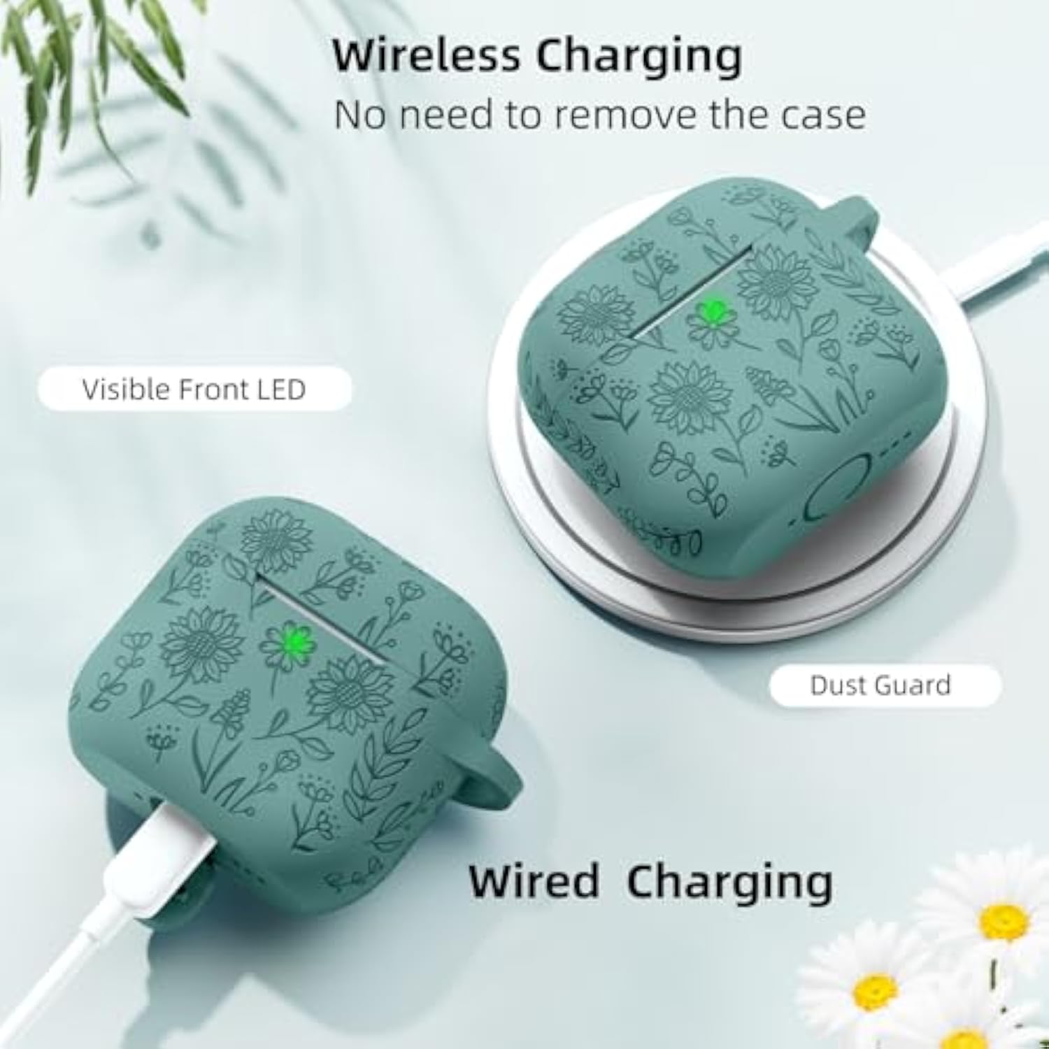 For Airpods 4 Case, Flower Engraved Case Compatible With Apple Airpods 4Th Generation Cases For Women, Cute Soft Silicone Full Protective Cases Cover With Cleaner Kit & Keychain, Pinegreen