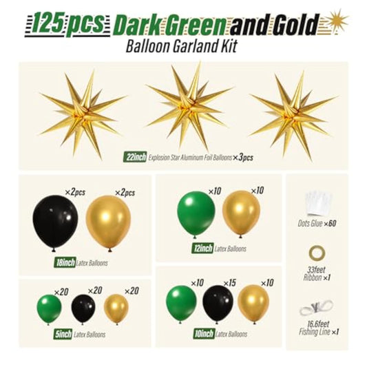Green And Gold Black Balloon Arch Kit With 3Pcs Star Balloon, Emerald Forest Dark Green Black Metallic Gold Balloons For Birthday Football Graduation Wedding New Years Party Decoration