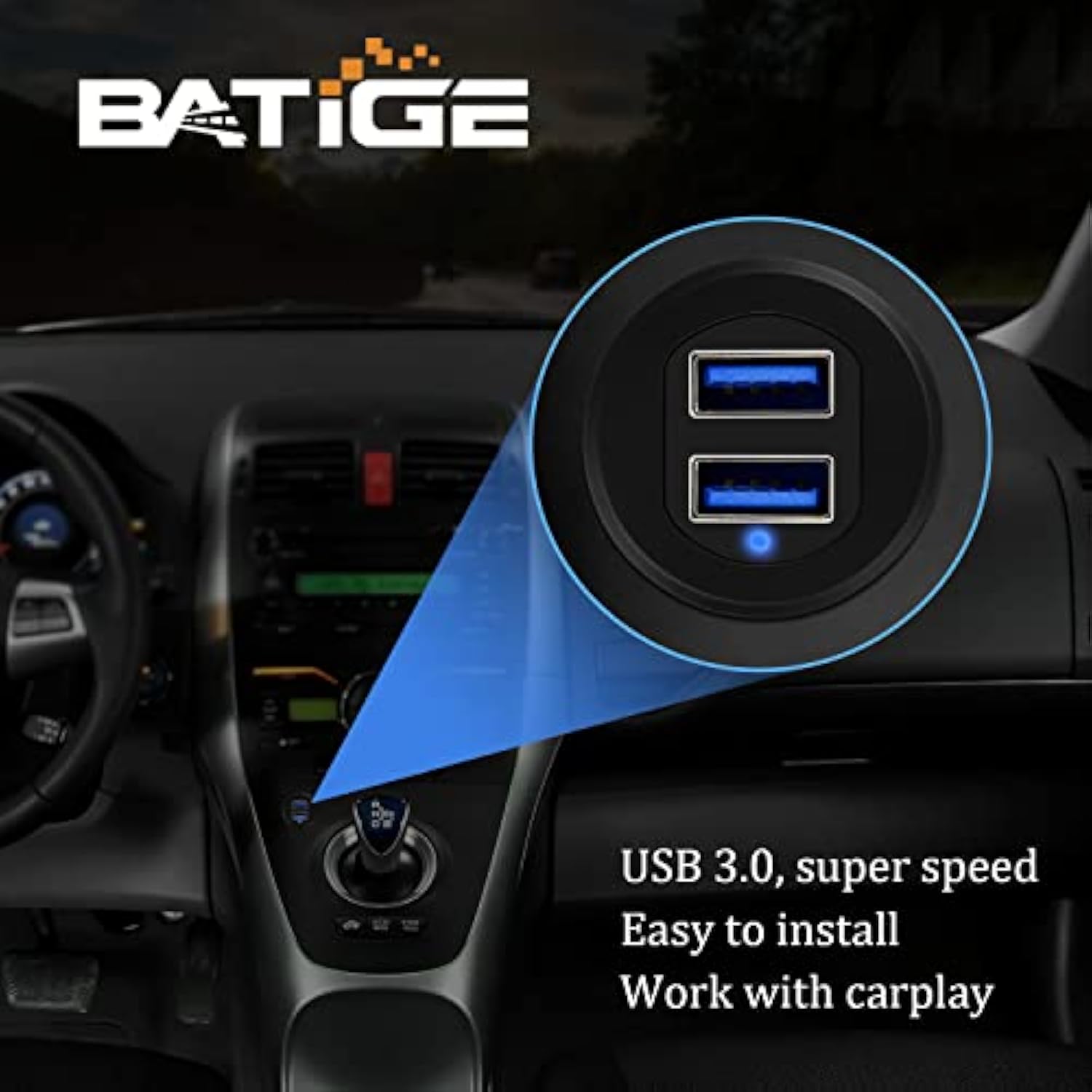 Alloy Dual Port Usb 3.0 Car Dashboard Flush Mount Cable, Male To Female With L