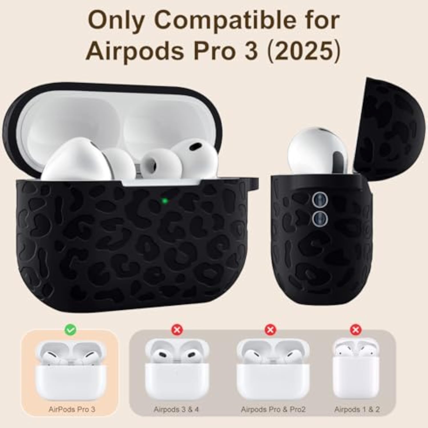 Leopard Engraved Compatible for AirPods Pro 3 Case Cover, Soft Silicone Compatible with Apple AirPods Pro 3 for Women, Cute Air Pods Pro 3 Case with Keychain & Cleaning Kit, Black