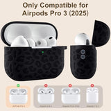 Leopard Engraved Compatible for AirPods Pro 3 Case Cover, Soft Silicone Compatible with Apple AirPods Pro 3 for Women, Cute Air Pods Pro 3 Case with Keychain & Cleaning Kit, Black