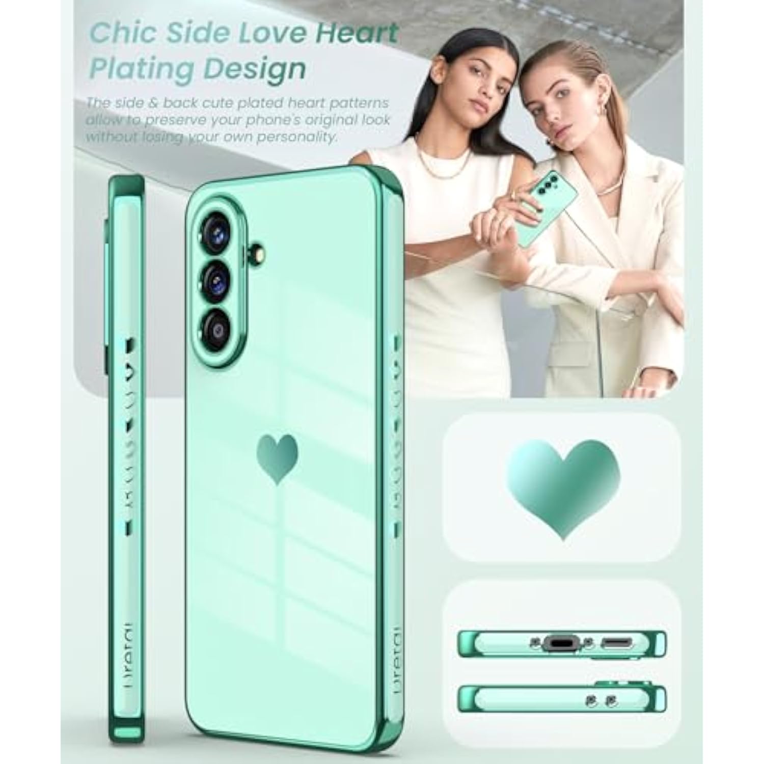 For Samsung Galaxy A36 5G Case With 2X Screen Protector, For Girl Women Cute Girly Love-Heart Luxury Gold Soft Cover Camera Protection Bumper Silicone Shockproof Phone Case (Mint)