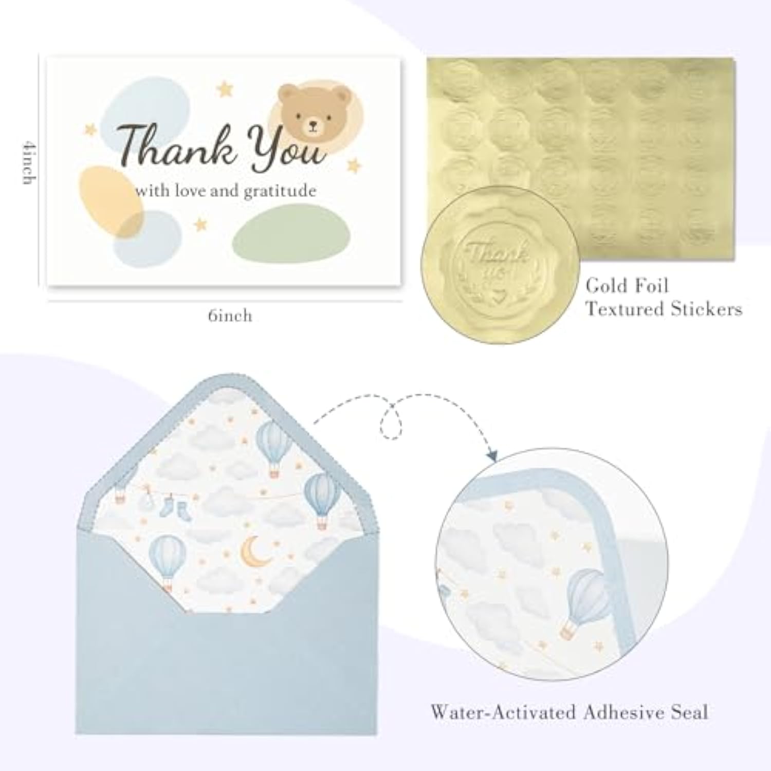 Baby Shower Thank You Cards For Boy - 24 Pack With Envelopes & Gold Stickers,Baby Shower Greeting Cards Bulk For Newborn Party